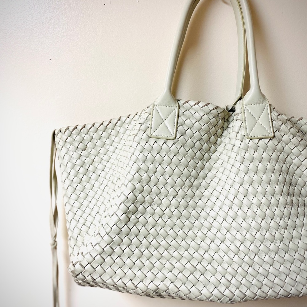 White Leather Weaved Handbag